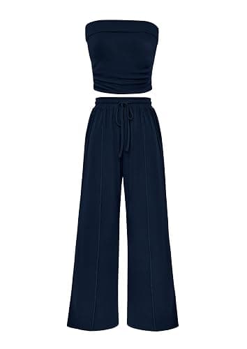 PRETTYGARDEN Womens Summer Outfits 2 Piece Sets Casual Ribbed Knit Crop Tube Top Wide Leg Pants Spring Matching Lounge Set - Image 1