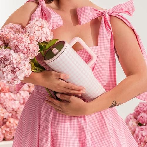 HydroJug Traveler - 32 oz Water Bottle with Handle & Flip Straw - Fits in Cup Holder, Leak Resistant Tumbler-Reusable Insulated Stainless Steel & Rubber Base - Gifts for Women & Men, Pink Gignham - 32oz - Pink Gingham thumbnail 2