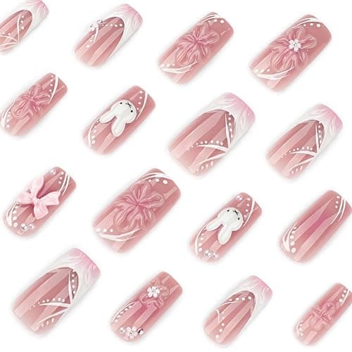 Mivota Soft Gel Press On Nails Long Coffin Pink 3D Flower Bow Bunny Design, Reusable Glue On Fake Nails for Women, Cute Kawaii Salon Manicure Set 24PCS thumbnail 3