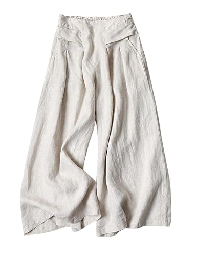 Gihuo Women' s Culottes Linen Blend Wide Leg Pants Elastic Waist Casual Palazzo Trousers with Pockets Capris - Image 1