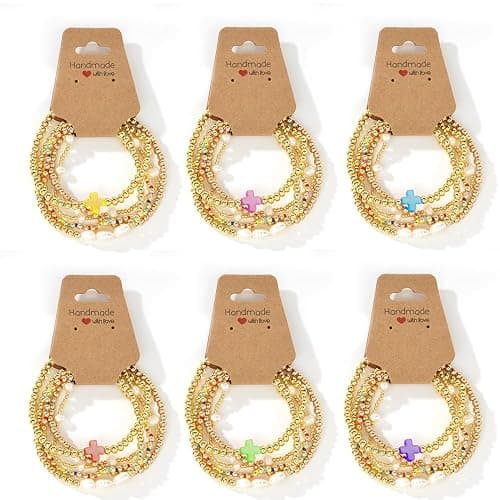 SHINUS BOHO 14K Gold Pearl Beaded Cross Bracelets Stack Set for Women,Stretch Boho Colorful Christian Beads Ball Jewelry Trendy Gift thumbnail 8