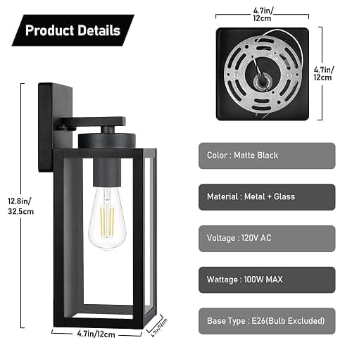 Outdoor Wall Light Fixtures, Exterior Waterproof Wall Lanterns, Porch Sconces Lighting with E26 Sockets & Glass Shades, Modern Matte Black Outside Lights for Patio Front Door Entryway Garage, 2-Pack thumbnail 7