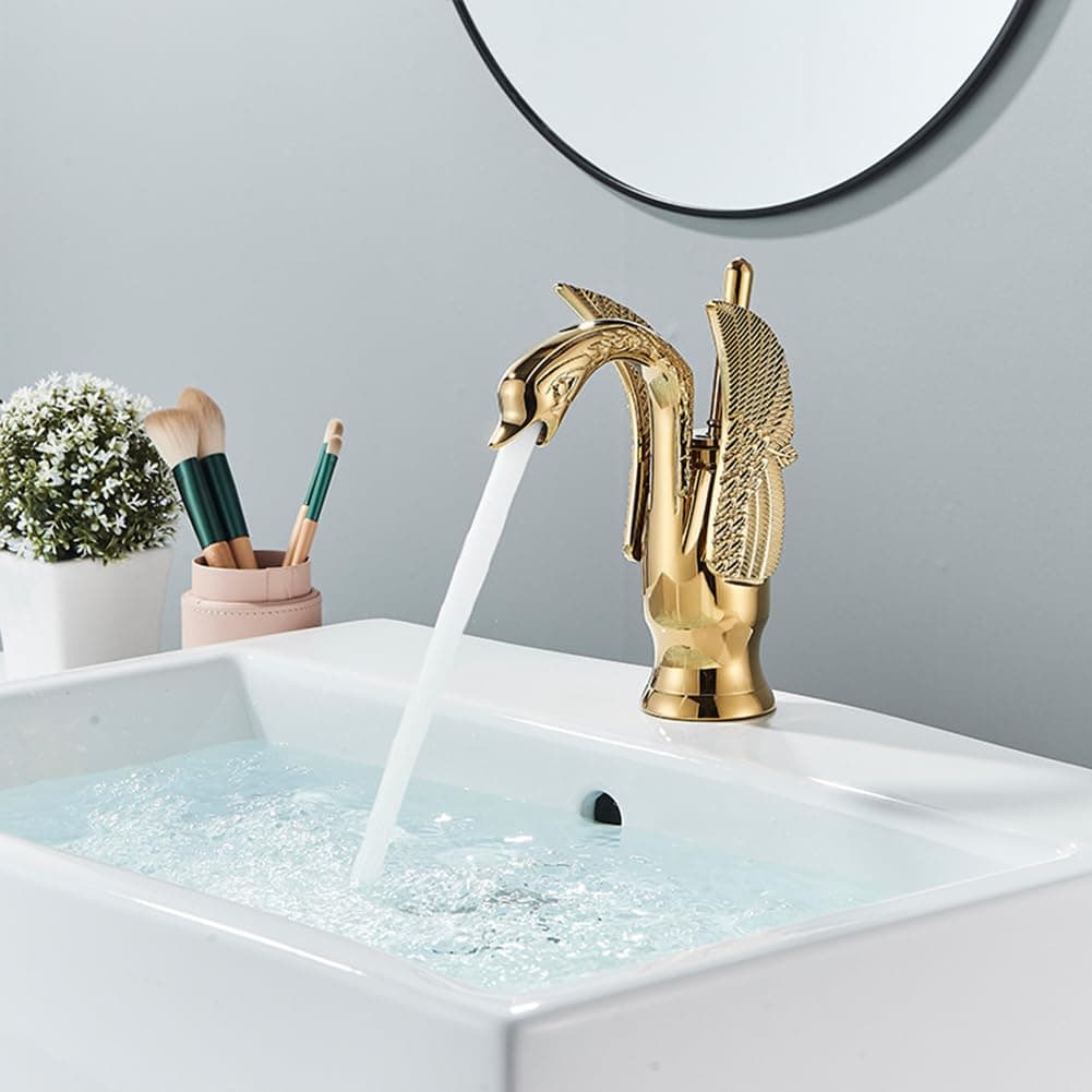 Llaves Para Lavabo Baño Grifo Para Baño Latón Mezcladora Para Lavabo De Baño Estilo Antiguo De Un Solo Mango, Grifo De Fregadero De Baño Agua Caliente Y Fría Ajustable, Con 2 Manguera, Oro thumbnail 4