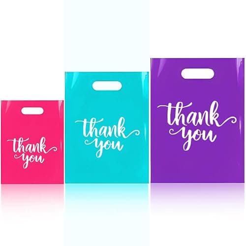 Odseciran 300 Pcs Thank You Bags for Small Business, 3 Size Plastic Mini Retail Merchandise Vendor Shopping Bag with Handle for Boutique Store, Wedding Party Goodie Bulk (Mixed color) - Image 1