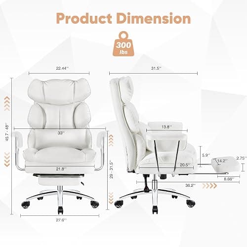 Sweetcrispy Executive Home Office Desk Chair - Ergonomic Big Tall High Back with Footrest & Lumbar Support, Reclining Height Adjustable, Comfy PU Leather Computer Gaming with Swivel Wheels, White thumbnail 3