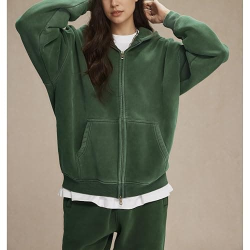 Talakeno Womens Double Zip Up Hoodies Oversized Heavyweight Fleece Sweatshirt Acid Wash Hoodie Vintage Distress Cotton Jacket thumbnail 8