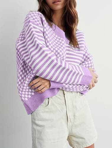 UNCLECAT Women's Striped Checkered Sweater 2025 V Neck Fall Sweaters Casual Knit Trendy Pullover Tops thumbnail 2