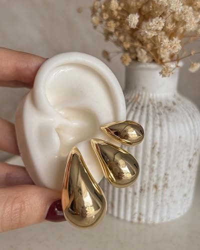 Small Teardrop Gold Chunky Earrings for Women,Thick Gold Plated Hoop Hypoallergenic Water Drop Earring Dupes for Women 18MM thumbnail 7