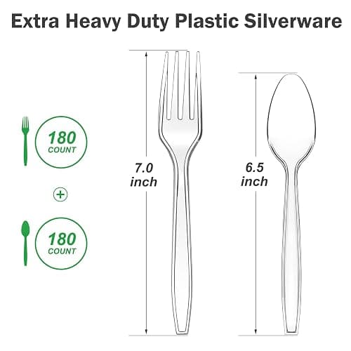 Dealusy 360 Count Extra Heavy Duty Clear Plastic Forks and Spoons, 180 Forks & 180 Spoons, Heat Resistant, Disposable Plastic Silverware Set thumbnail 3