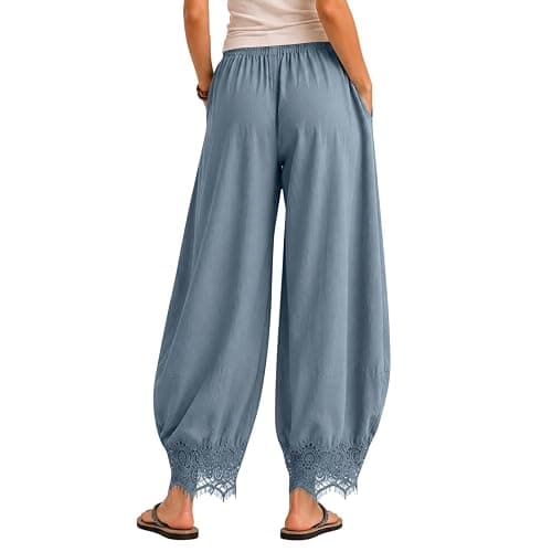 Womens Cropped Lace Trim Pants High Waisted Elastic Drawstring Wide Leg Trousers Casual Flowy Boho Pant with Pockets thumbnail 6