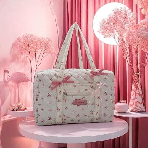 Coquette Bag with Bow Pearl Charm Floral Quilted Duffle Bag for Women Girls Small Puffer Shoulder Purse Cute Bunny Handbag for Travel, Work, School thumbnail 2