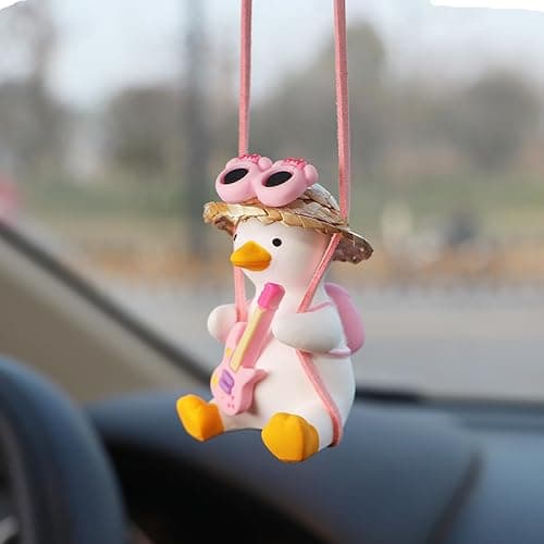 Gmngis Rear View Mirror Hanging Accessories of Swinging Duck Cool Swinging Duck Car Hanging Ornament Pendant Interior Rearview Mirror Decoration (White-Pink Duck) - Image 1