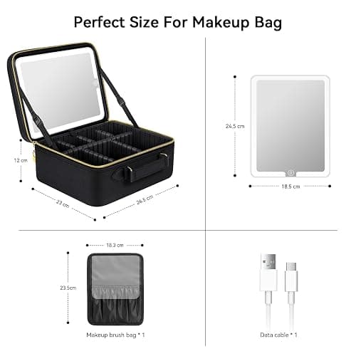 JUSRON Travel Makeup Bag With LED Mirror,Train Case with Light up Mirror, Portable Makeup Artist Organizer Bag with Adjustable Dividers (Black, Large) thumbnail 4