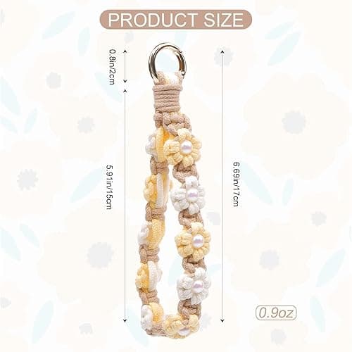 elephtree Boho Macrame Keychain Wristlet Keychain Weave Exquisite Keyring Holder Bracelet Handmade Wrist Lanyard for Women - Beige Flower With Pearl thumbnail 3