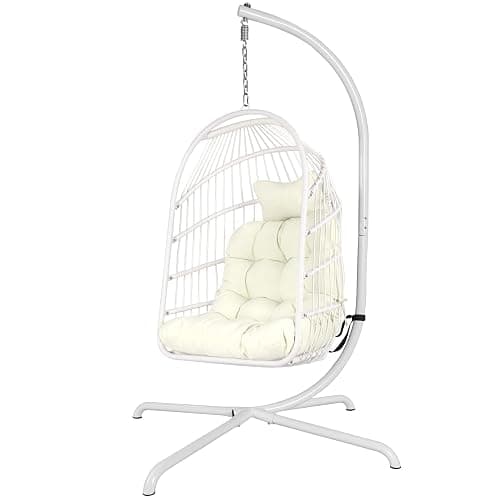 Chihee Egg Chair with Ultra Strong Stand and Cushion Foldable Wicker Rattan Hanging Chair Swing Chair Indoor Outdoor Patio Lounging Chair Hammock Chair 330 lbs Capacity Balcony Porch Bedroom Garden - White - Image 1