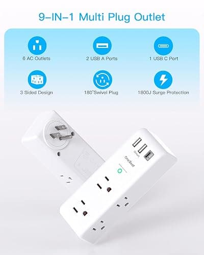 NIGHTSTAND | Amazon | Surge Protector Outlet Extender - with Rotating Plug, 6 AC Multi Plug Outlet with 3 USB Ports (1 USB C), 1800J Wall Charger, 3-Sided Power Strip with Spaced Outlet Splitter for Home, Office, Travel - 1C2A, 1 Pack - White thumbnail 4