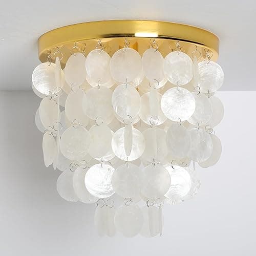 Pathson Modern Shell Ceiling Light Fixture Brass Gold Finish, Hardwired Flush Mount Lighting Includes Bulb, Vintage Capiz Shell Ceiling Chandelier Lamp for Hallway Entryway Living Room Bedroom thumbnail 8