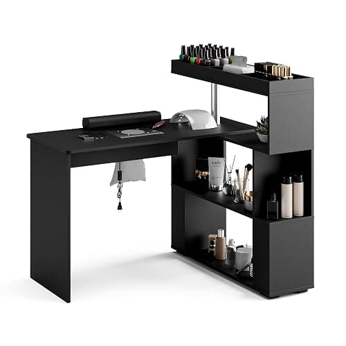 HolaiNail Manicure Table, L-Shaped Nail Tech Desk with Dust Collector, Reversible Rotating Table & Storage Shelf, Acetone Resistant Beauty Salon Station, Black - Image 1