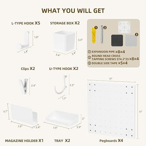 VUSIGN Peg Board Combination Kit, 22"x22" Pegboards and Accessories for Wall Organization, Pegboard Wall Organizer for Office, Home, Desk, White thumbnail 2