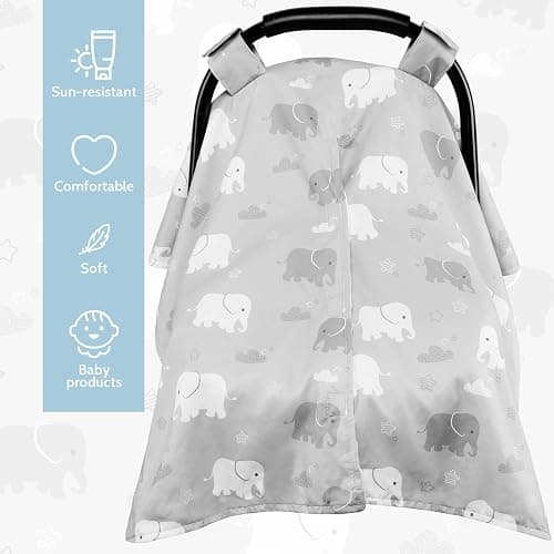 TANOFAR Car Seat Cover Baby, Carseat Covers Baby Boy Girl, Peekaboo Opening Infant Car Seat Cover for Winter, Warm & Cozy, Grey Elephant thumbnail 4