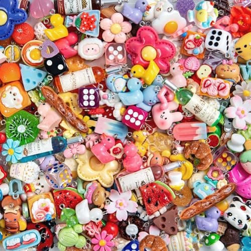 RQAYE 80pcs DIY Cute charms for bracelets Resin Charms for DIY Keychain & Jewelry Making – Mini Fruit,Candy,& Animal Style Charm for Crafts - Image 1