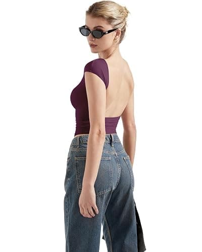 SUUKSESS Women Backless Sexy Going Out Tops Double Lined Open Back Y2k Basic Tee Shirts thumbnail 2