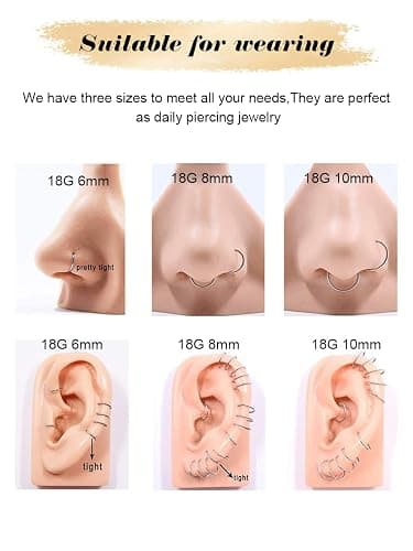 Nose Rings Hoop and Nose Studs Sets for Women Men,Hypoallergenic 316L Surgical Stainless Steel Hinged Clicker Segment Nose Rings Hoop Helix Cartilage Daith Tragus Sleeper Earrings Silver Gold Black L Shape/Corkscrew/Straight Nose Studs Real Body Piercing Jewelry thumbnail 6