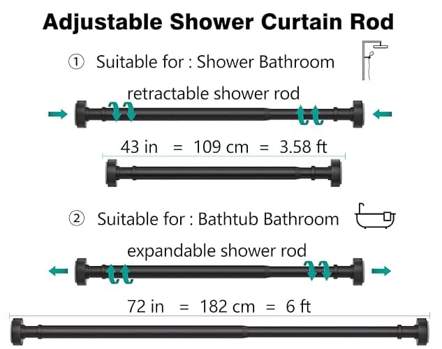 Black Shower Rod with 12 Hooks, 43-72 Inches, Rust Resistance, Adjustable Tension Rod with Durable Spring, No Drilling - Use For Bathroom, Bedroom, Home, Matte Black thumbnail 7