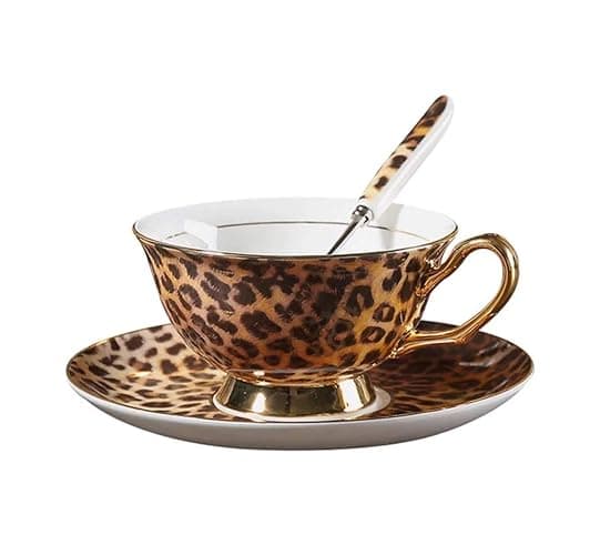 Eplze® YBK Tech Euro Style Bone China Cup& Saucer Set, Ceramic Tea Coffee Cup for Home Kitchen Wedding (Leopard Pattern) - Image 1
