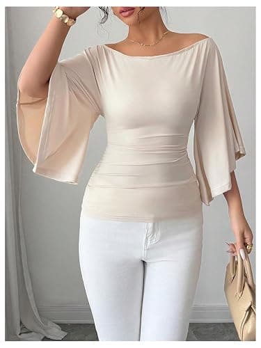 OYOANGLE Women's Bell Sleeve Tops Off The Shoulder T Shirts Slim Fitted Dressy Casual Blouses thumbnail 5