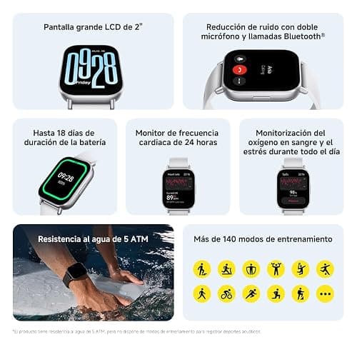 XIAOMI Redmi Watch 5 Active, Llamadas Bluetooth, Pantalla LCD de 2 Pulgadas, Monitor de frecuencia cardíaca, 140 Modos Deportivos, hasta 18 días de autonomía, Plata thumbnail 2