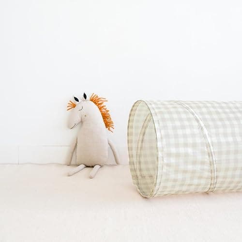 3 Sprouts Kids Play Tunnel - Pop Up Collapsible Tunnels with Recycled Fabric - Fun Crawling Tunnel for Children to Crawl Through, Gross Motor Toy for Indoor Play - Gingham Beige thumbnail 5