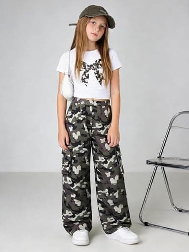 Azmxynol Tween Girls Clothes 2 Piece Outfit Bow T-Shirt Top + Cargo Pants Teen Girl Clothing Set, Sizes 7-16 Years thumbnail 5