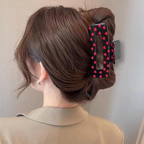 Valentine’s Day Hair Claw Clips for Thick or Thin Hairs, 1 Pack Black Red Heart Design Hair Clips No-Slip Claw Clips for Valentine’s Day Hair Accessories Acrylic Large Square Hair Jaw Clip for Women thumbnail 4