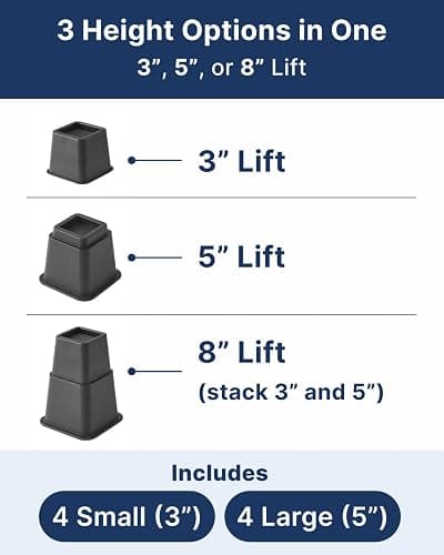 Bed Risers - 3 & 5 Inch Adjustable Furniture Risers or 8 Inch Combined - Heavy Duty for Couch, Table, Dorm, Sofa, Chair & Table - Bed Support Legs for Height, Supports Up to 1,300 lbs (8 Pack, Black) thumbnail 4