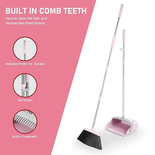 BSKLIN Broom and Dustpan Set, 54” Long Adjustable Handle Broom with Dustpan Combo Set Heavy Duty with Dust Pan Teeth to Clean Hair for Home Lobby Office (Medium Pink) thumbnail 4