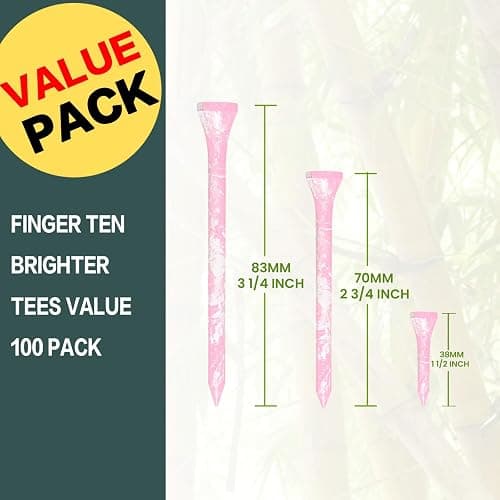 FINGER TEN Golf Tees Stylish Bamboo Wooden Coloured Painted Value 100 Pack, Durable 3 1/4 2 3/4 1 1/2 Inch Long Short Tee, Cool Style Purple Pink Green Enhanced Visibility for Men Women thumbnail 2