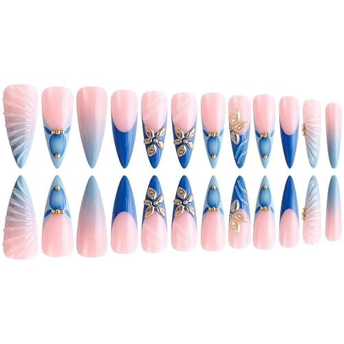 Almond Press on Nails Blue French Tip Fake Nails with Gold 3D Flower Water Ripple Designs Full Cover Acrylic Nail False Nails Long Glossy Stick on Nails for Women Girls Manicure Decor 24 Pcs thumbnail 5