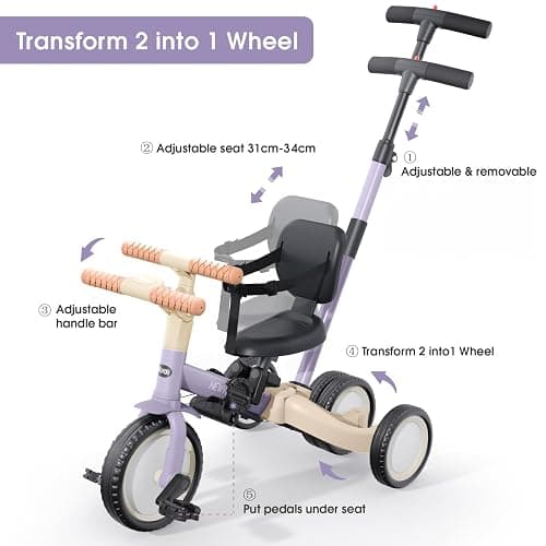newyoo Toddler Tricycle with Push Handle for 1-3 Year Old, Toddler Bike, Birthday Toy for Boys and Girls, 5 in 1 Kids Trike, Balance Bike with Backrest and Safety Belt, Purple, TR007 | Toddler Trike with Push Handle Lets Parents Steer and Converts to Balance Bike, Fun Outdoor Toy for Boys and Girls, Purple thumbnail 5