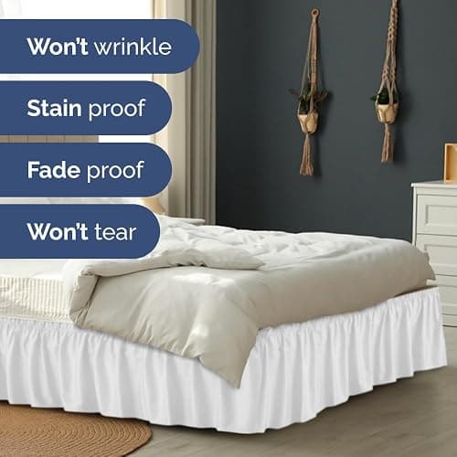 Wrap Around Dust Ruffle Bed Skirt - White - for Full Size Beds with 12 Inch Drop - Easy Fit Elastic Strap - Adjustable Pleated Bedskirt w/Brushed Fabric - Wrinkle Free - for Women, Men, Kids & Teens thumbnail 5