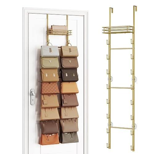 SWTYMIKI Over the Door Purse Organizer - Wall Mounted Handbag Organizer with 16 Hooks and Metal Basket, Hanging Purse Storage Rack Holds up to 16 Bags, Bag Rack Can Use As 1/2 Part, for Door, Closet - Image 1