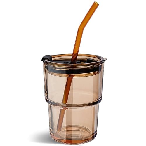 Olvini 13oz Glass Tumbler with Straw and Lid, Reusable Iced Coffee Cup Tumbler, Cute Glass Cups for Water, Matcha, Travel Coffee Mugs (Amber - 13oz) - Image 1