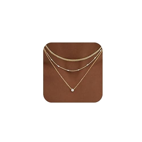 WomenGifts Layered Gold Necklaces for Women, 14K Gold Sterling Silver Plated Dainty Pendant Necklace Set with Cubic Zirconia Circle, Chunky Stackable Cuban Chain Choker, Trendy Personalized Birthstone Jewelry Gift Non Tarnish - Image 1