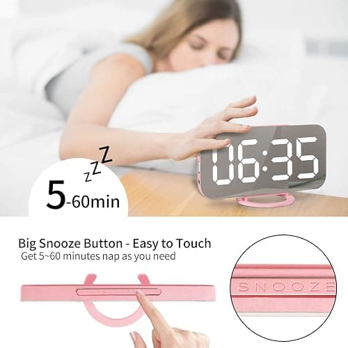 Lamisola Pink Digital Alarm Clock for Girls, Large LED Mirror Desk Clock, 2 USB Charging Ports, Nightstand Table Aesthetic Sleek Clocks Decor for Bedroom Office, Pink thumbnail 3