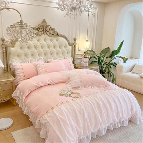 MOOWOO Pink Bedding-Romantic Ruffle Lace Bedding Set 3 Piece Comforter Queen Duvet Cover with Zipper Closure,Coquette Room Decor-Pink,Queen Size - Pink - Queen thumbnail 2