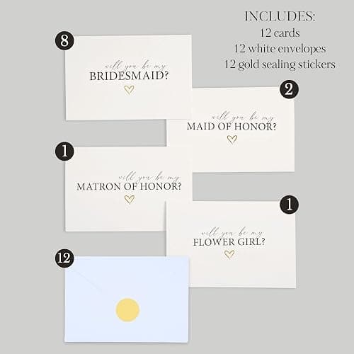 apearrie 12 Will You Be My Bridesmaid Card Set with Gold Stickers, 8 Bridesmaid, 2 Maid of Honor, 1 Matron of Honor, 1 Flower Girl Card thumbnail 3