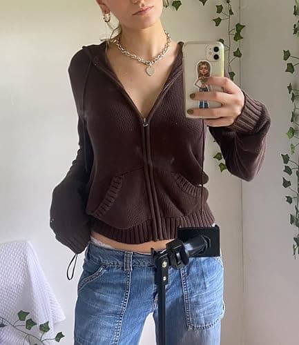 Faretumiya Women Zip Up Long Sleeve Crop Hooded Tops Ribbed Knit Cropped Hoodie Jacket Y2k Cute Sweater Pullover thumbnail 4