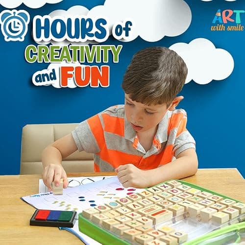 Large Wooden Stamp Premium Set for Kids. 72 Pcs Alphabet Stamps. Letters, Numbers, 3-Color Washable Ink Pad, 3 Refill Bottles, Activity Book. Ideal Creativity Kit thumbnail 5