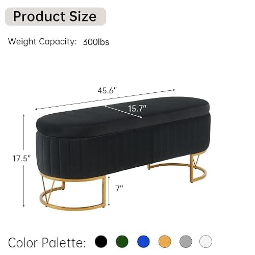 DRKAT Storage Bench Bedroom Bench, Velvet Oval Upholstered End of Bed Bench with Golden Metal Legs, 46” Modern Storage Ottoman Bench for Bedroom, Living Room, Entryway, Window, Black - Black - No button tufted thumbnail 2