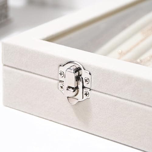 14 Hooks Necklace Storage Tray, Velvet Neckalce Organizer Box with Clear Lid, Pendant Chain Necklace Jewelry Organizer Drawer Tray for Women Girls (Beige) thumbnail 4
